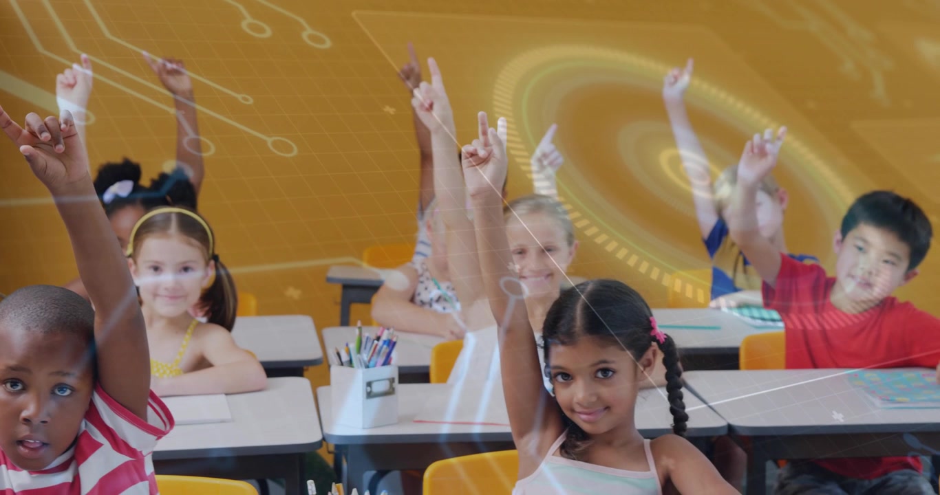Elementary students raising hands in class on prompt, with circuits swirling for interactive lesson