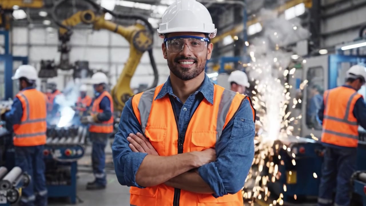 Un operaio sicuro di sé con equipaggiamento di sicurezza si erge con orgoglio in un ambiente di produzione frenetico, mostrando macchinari avanzati e manodopera qualificata in azione, incentrata su precisione e lavoro di squadra