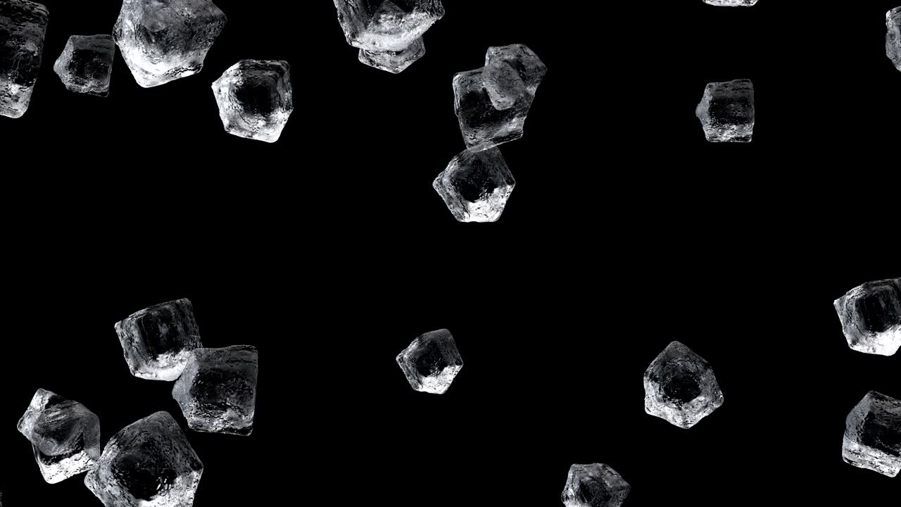 추락하는 얼음 큐브, 크리스탈, 3d 현실적인 영상, 큐브 얼음 모양이 떨어지는 모션 비디오, 검은 바탕에 빙하 투명한 블록, 큐빅 기하학적 그림, 움직임 애니메이션