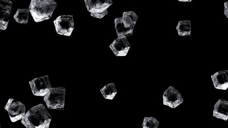 caída de cubos de hielo, cristales 3d imágenes realistas. formas cubias de hielo cayendo vídeo de movimiento. bloques transparentes glaciales en fondo negro. figuras geométricas cúbicas animación de movimiento