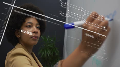 Animation of financial data processing over biracial businesswoman in office