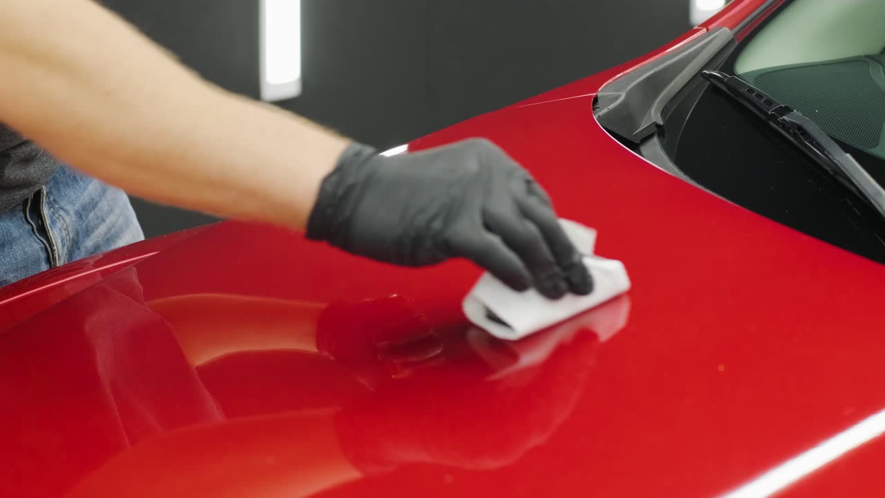 Car service worker applying nano coating on a car detail.
