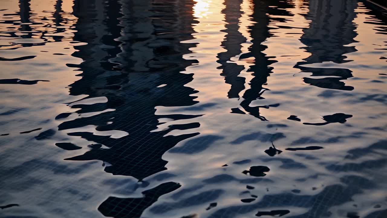 Warm light of setting sun reflecting on rippled water surface of swimming pool, creating beautiful patterns and textures on blue tiled floor