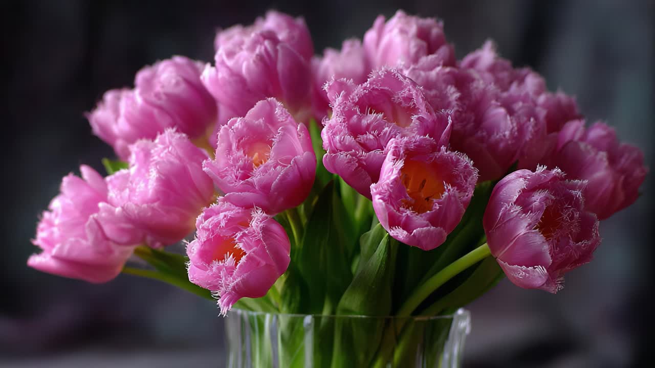 A Gorgeous Bouquet of Vibrant Pink Tulips in a Glass Vase, Showcasing Their Lush Petals and Lively Green Stems, Perfect for Brightening Up Any Space