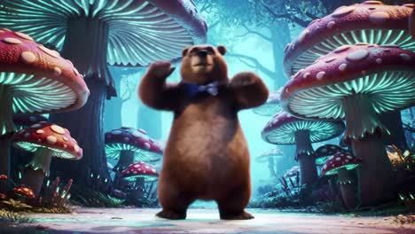 A Cheerful Animated Bear Dances Playfully Amidst Enchanted Mushroom Forest, Capturing Joy and Whimsy in a Colorful, Lush Environment