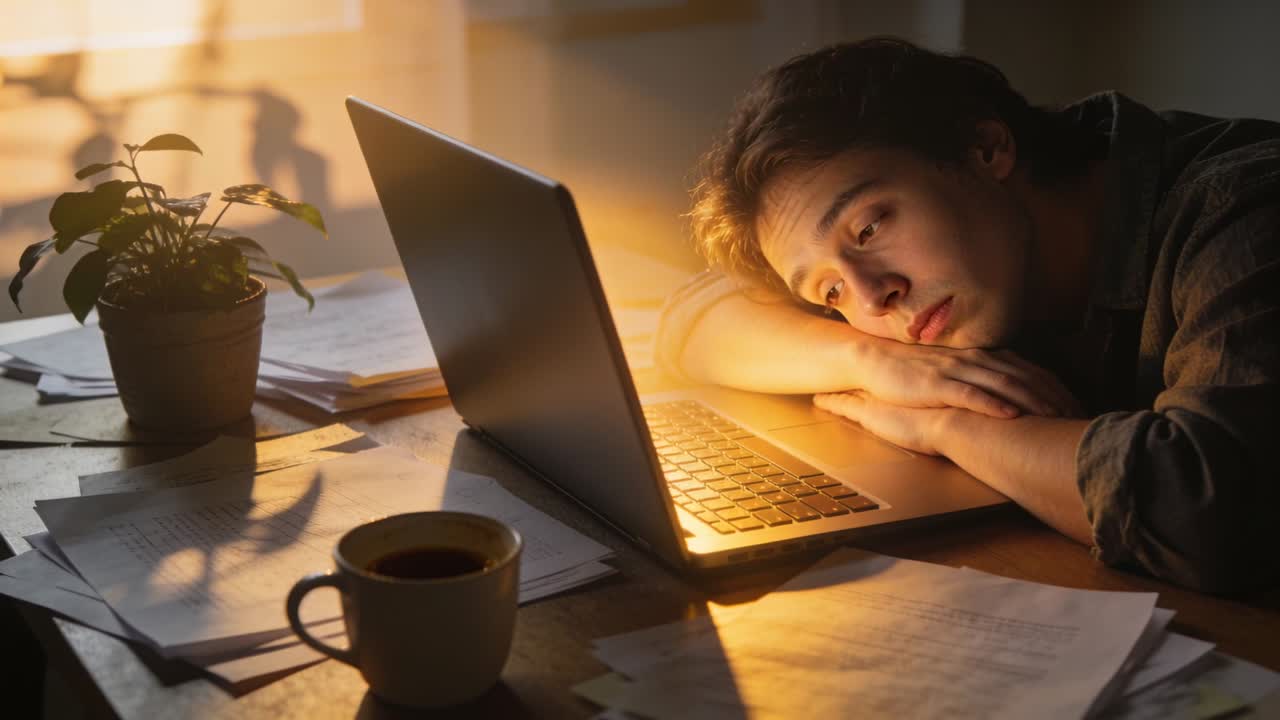 Uomo che apre gli occhi, con camicia scura, che si china verso i tasti luminosi di un laptop su una scrivania con caffè e documenti