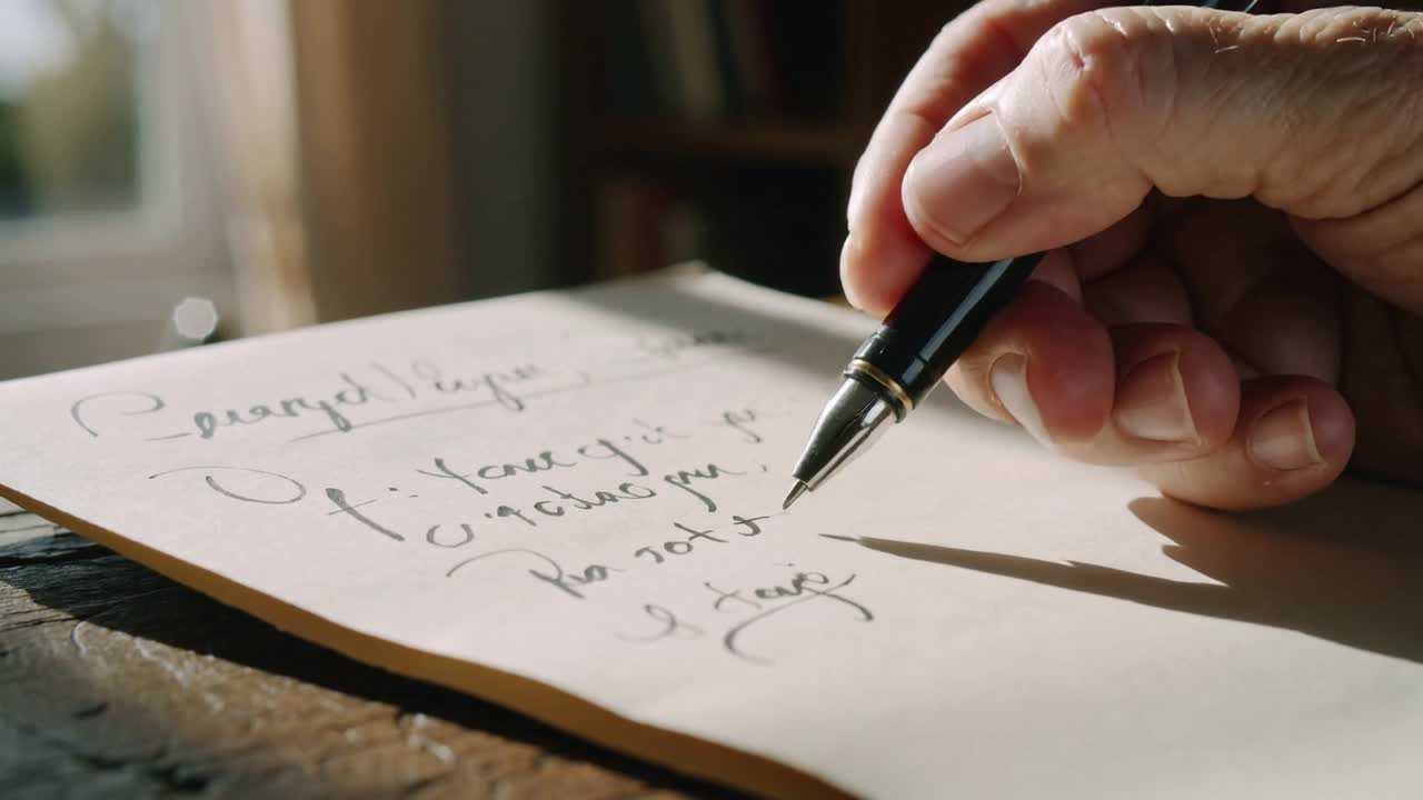 Touching black pen tip to cream paper, right hand writing letter on wooden desk, copy space