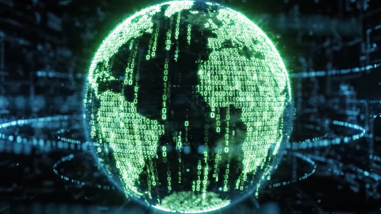A Glowing Digital Earth Surrounded by Cascading Binary Code Representing the Intersection of Technology and Global Connectivity
