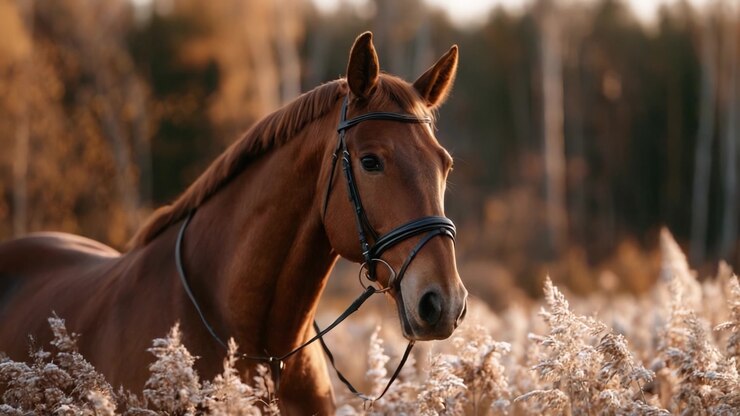 A Majestic Horse Standing Gracefully in a Field of Tall Grass During Autumn, Capturing the Beauty of Nature and the Spirit of Equine Gracefulness