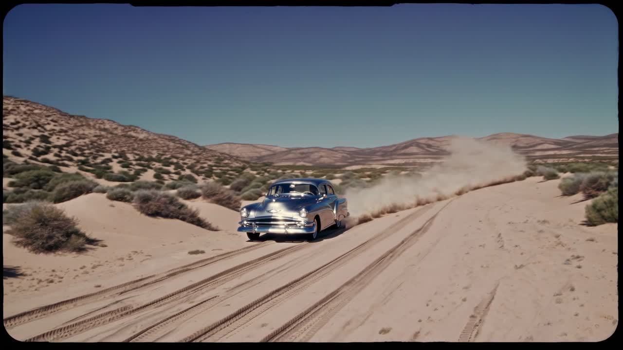 старинная машина едет по пустыне