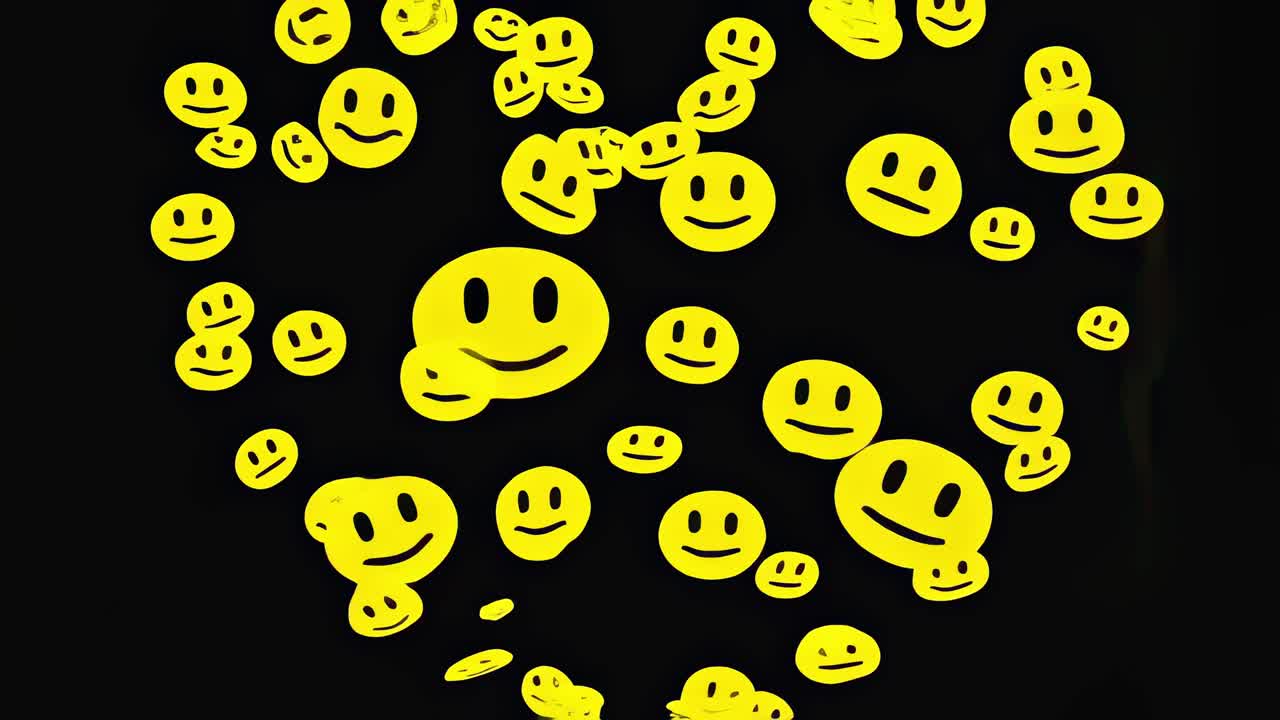 Cheerful yellow smiley faces streaming, flowing dynamically across dark backdrop, generating positive mood through animated graphic design with vibrant, playful movement