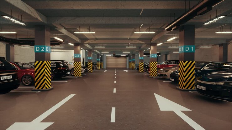 Underground parking with cars. Modern underground parking. Indoor full modern parking