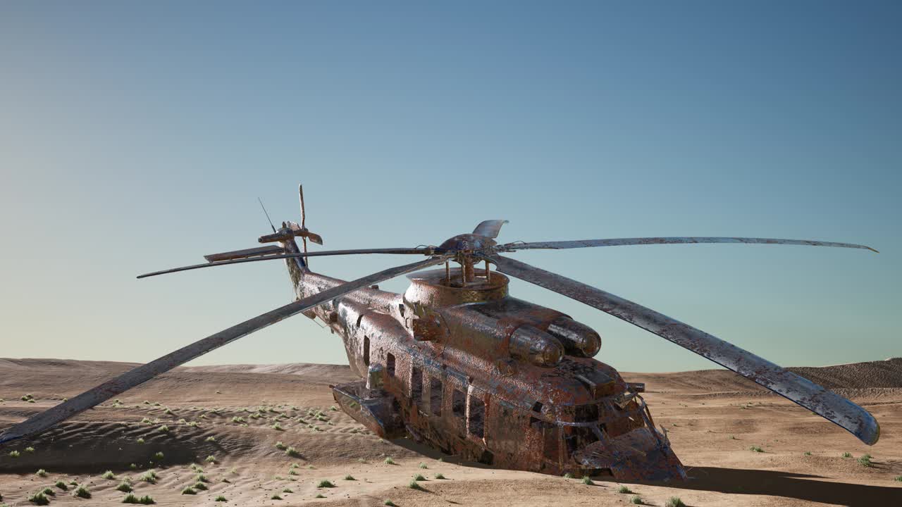 viejo helicóptero militar oxidado en el desierto al atardecer