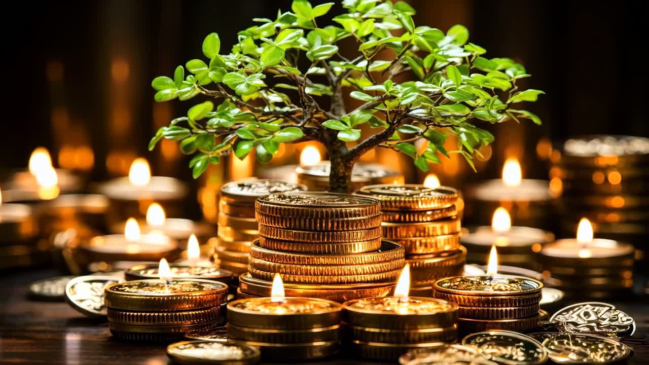 A small tree sitting on top of a pile of coins next to a pile with lit candles
