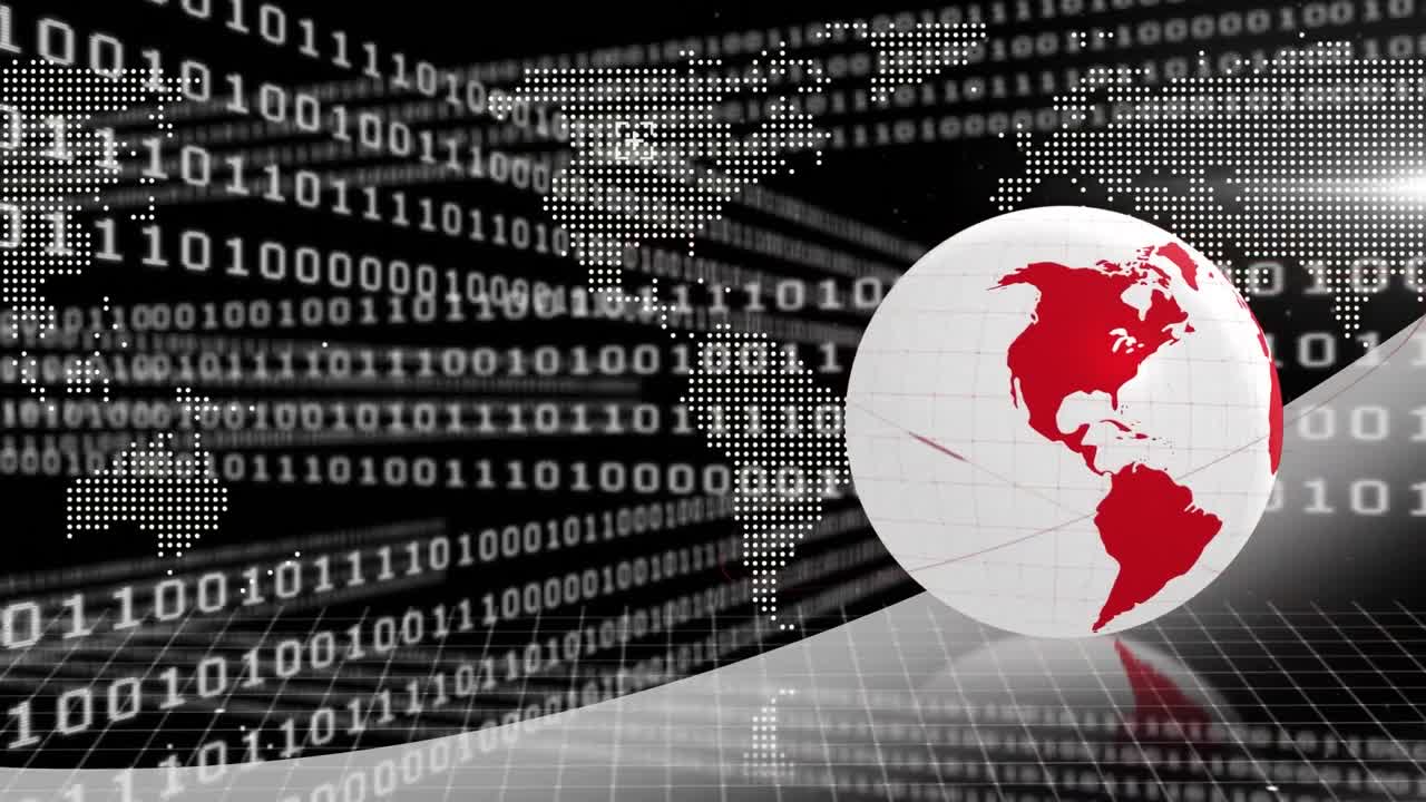 Animation of digital globe rotating over world map and binary codes moving in loop