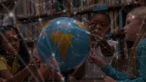 animation of network of connections and globe over schoolchildren