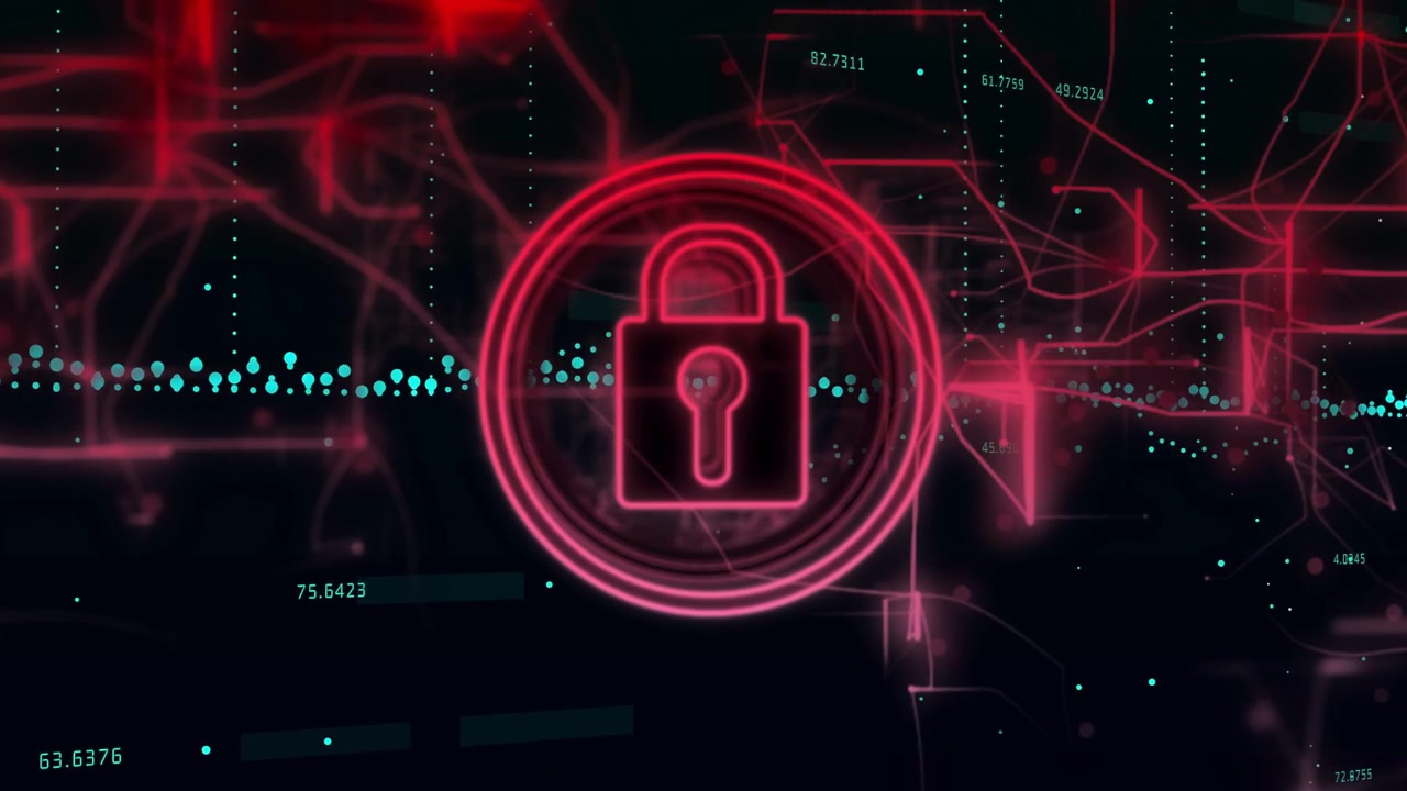 Video verticale: emblema di lucchetto al neon che cresce, pulsante nella sicurezza, ragnatela rossa che si illumina e blocca