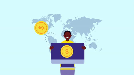 afro hombre de negocios trabajador con escritorio y monedas de dinero