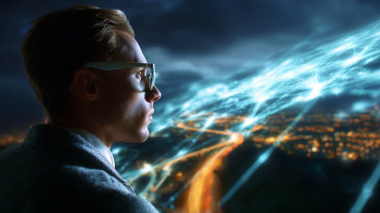 A contemplative individual gazes thoughtfully into the night, observing a mesmerizing display of glowing patterns and light trails emanating from the city below, hinting at technological wonders and possibilities