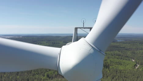 spinning blades of wind turbine on wind park in countryside, close drone view