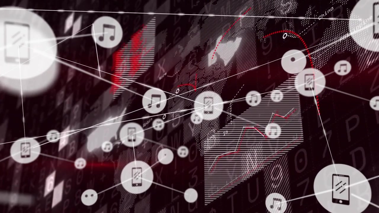 Video verticale: un nodo telefonico emerge dal frame 2, generando una rete di dati che collega icone, marcando una linea rossa