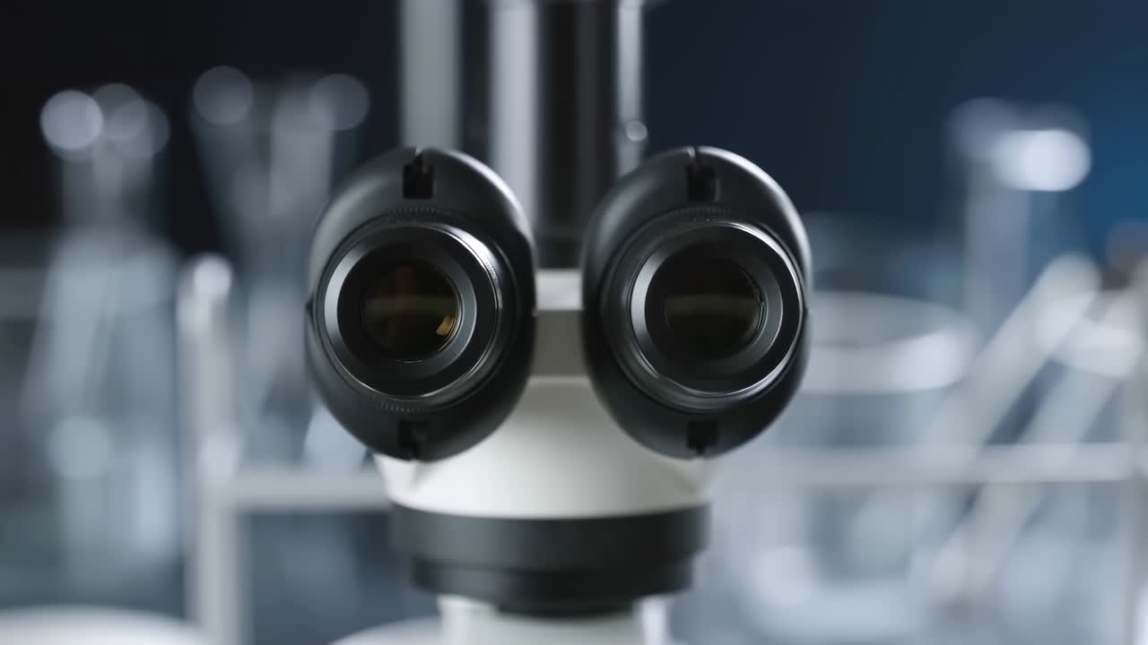 Microscope Lenses Closeup Laboratory Glassware, Hightech Sterile Atmosphere With Blurred Beakers And Test