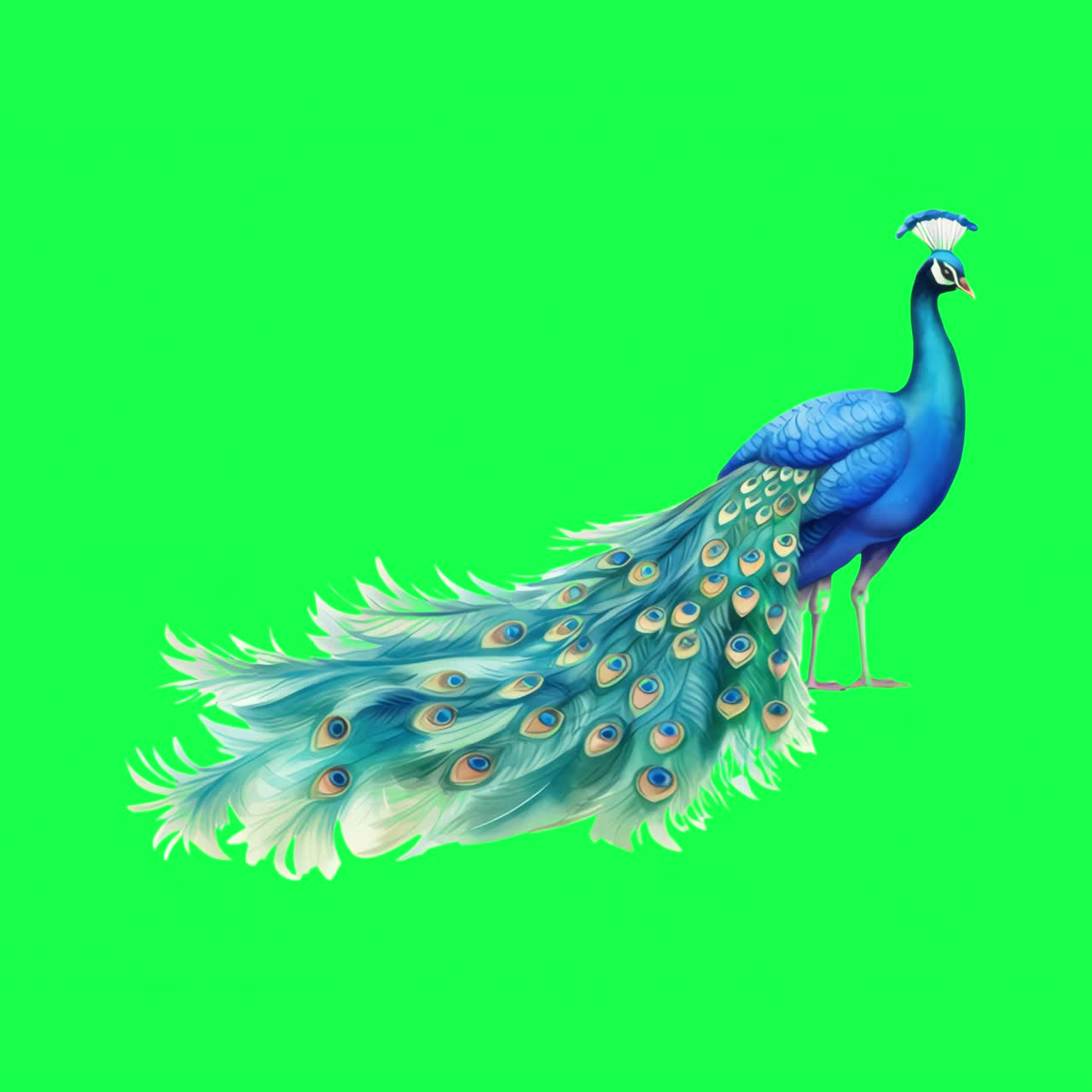 Vibrant peacock animation, transparent 4K video, green screen