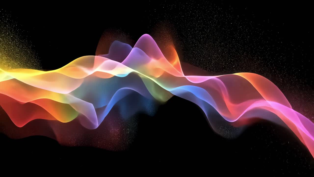 Colorful, abstract wave of light particles on a black background, captured from a side angle