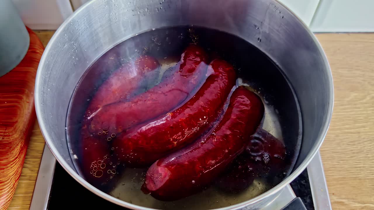 Traditional Latvian sausages boiled in oily water, delicious homemade food