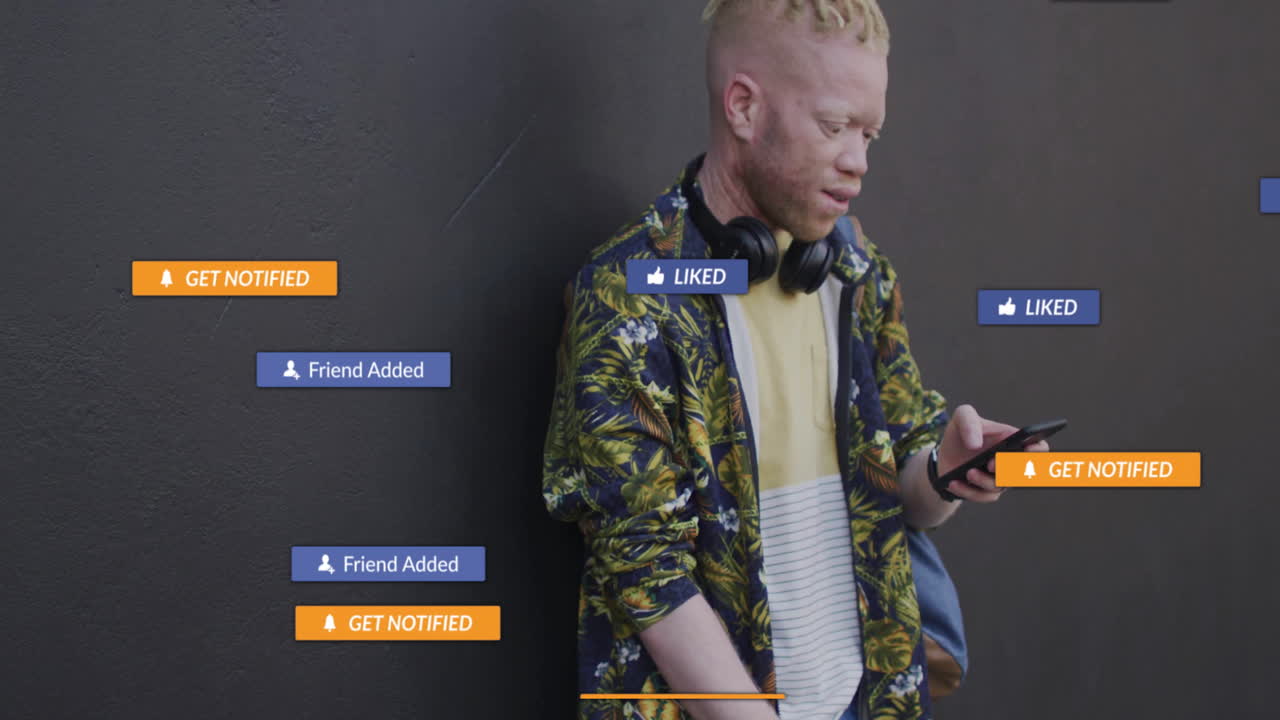 Using smartphone, young man receiving social media notifications in animation style