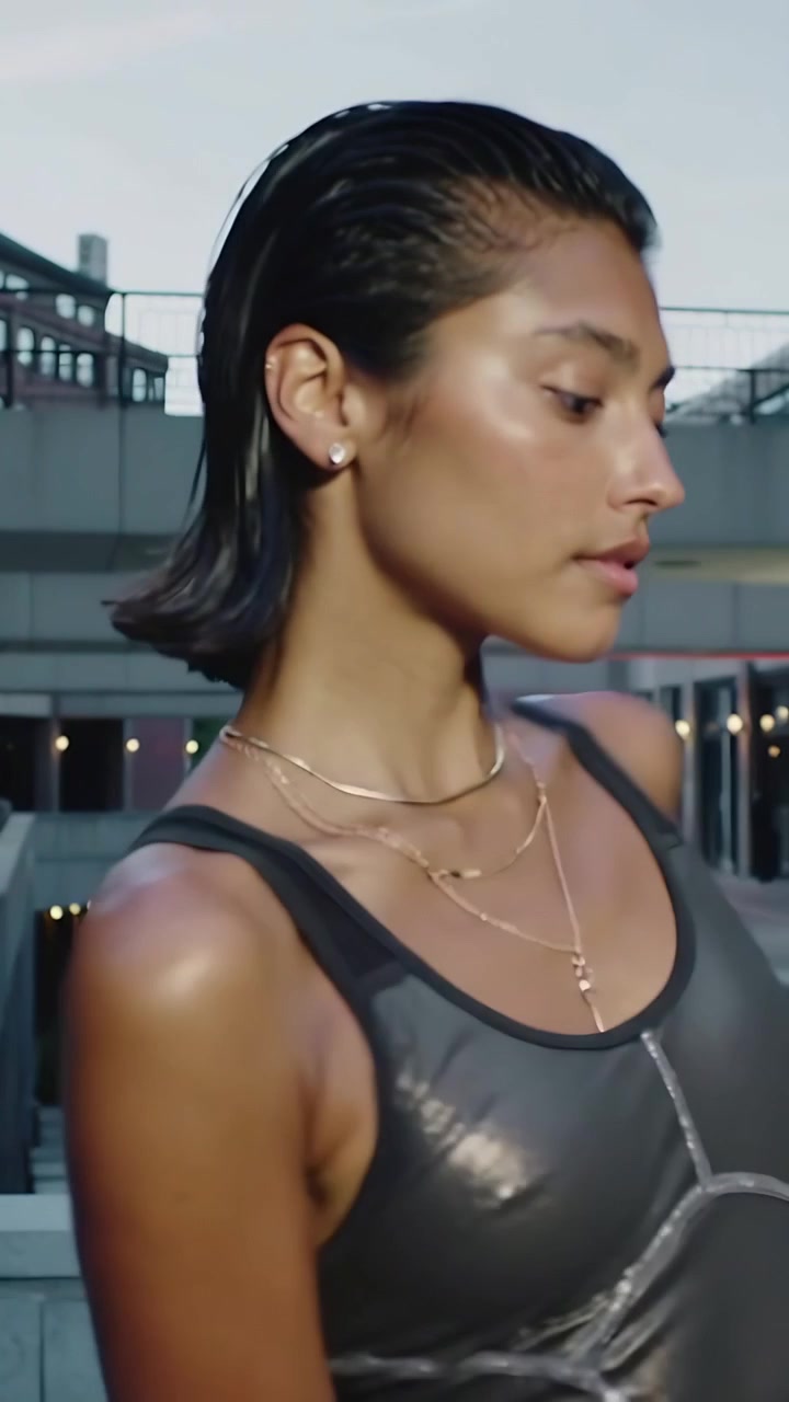 Video verticale: Modella in posa che si gira in sequenza, appoggiando il braccio sul tetto e mostrando canotta e collane.