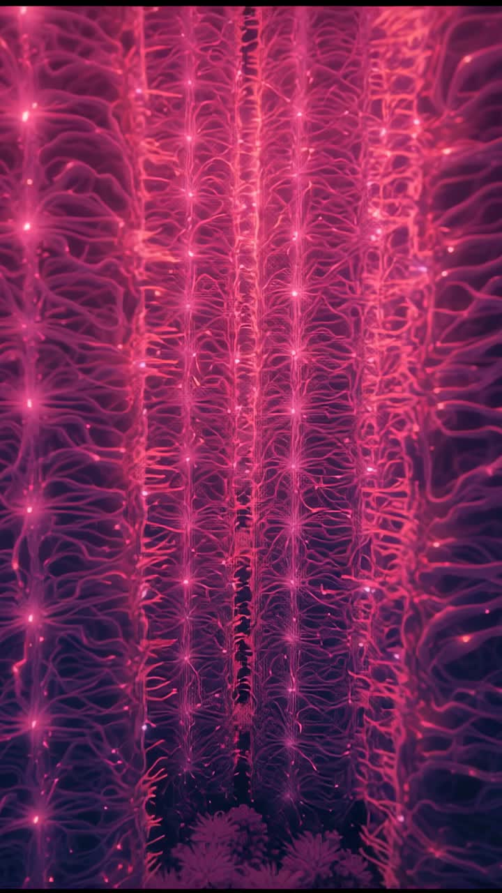 Vertical video: Pulsing nodal points sparking pulses along filaments in void, showing energy flow