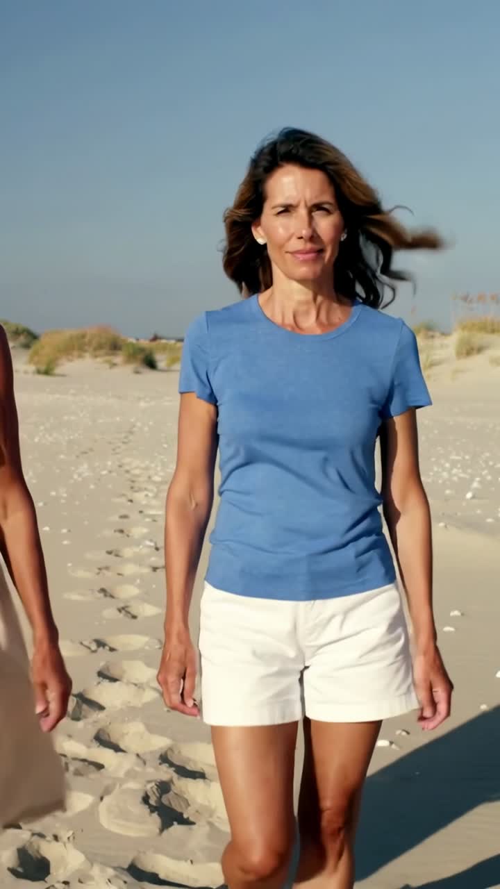 Video verticale: donna che cammina in maglietta blu e pantaloncini si avvicina sulla spiaggia con auricolari e amici