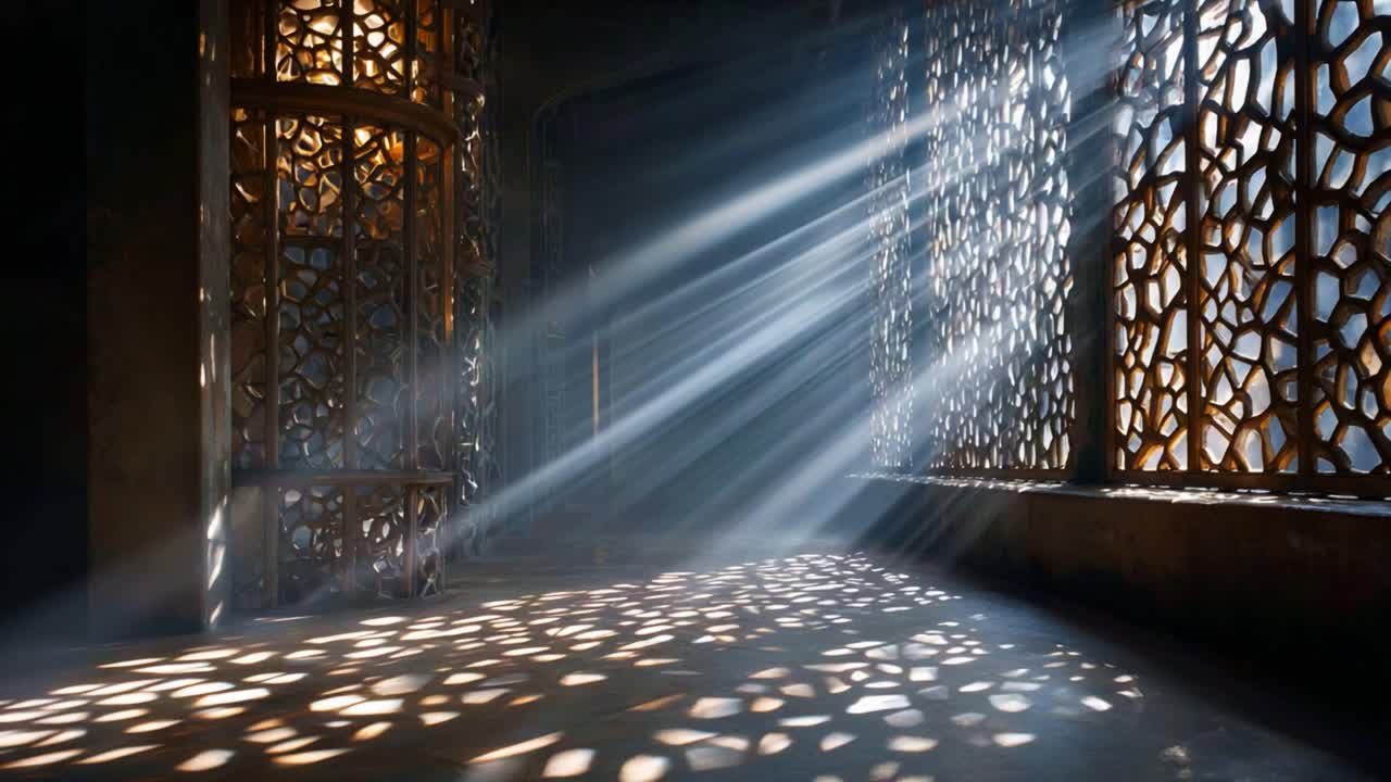 Un affascinante gioco di luci e ombre riempie la stanza, mettendo in mostra i design intricati delle pareti a graticcio mentre raggi di sole danzano sul pavimento in un'atmosfera tranquilla