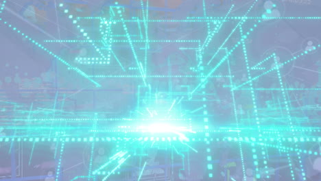 animación de senderos de luz verde brillante sobre el procesamiento de datos y el mapa del mundo contra un fondo gris