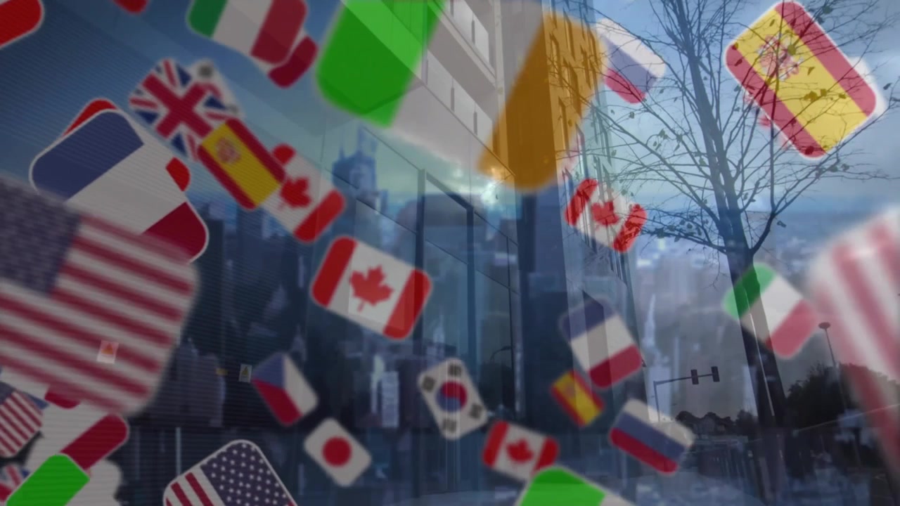 Global Flags Floating Over Modern City Skyscraper