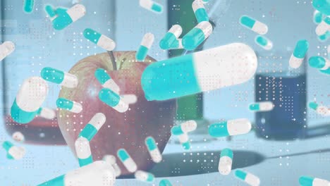 Animation-of-spots-and-falling-pills-over-colourful-liquids-in-beakers-and-apple
