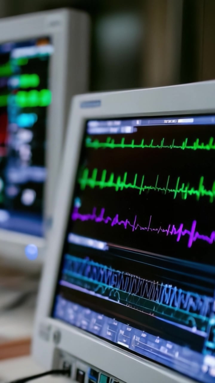 Monitoraggio dei segni vitali: uno sguardo alla tecnologia medica con forme d'onda complesse visualizzate sui monitor in un ambiente sanitario.