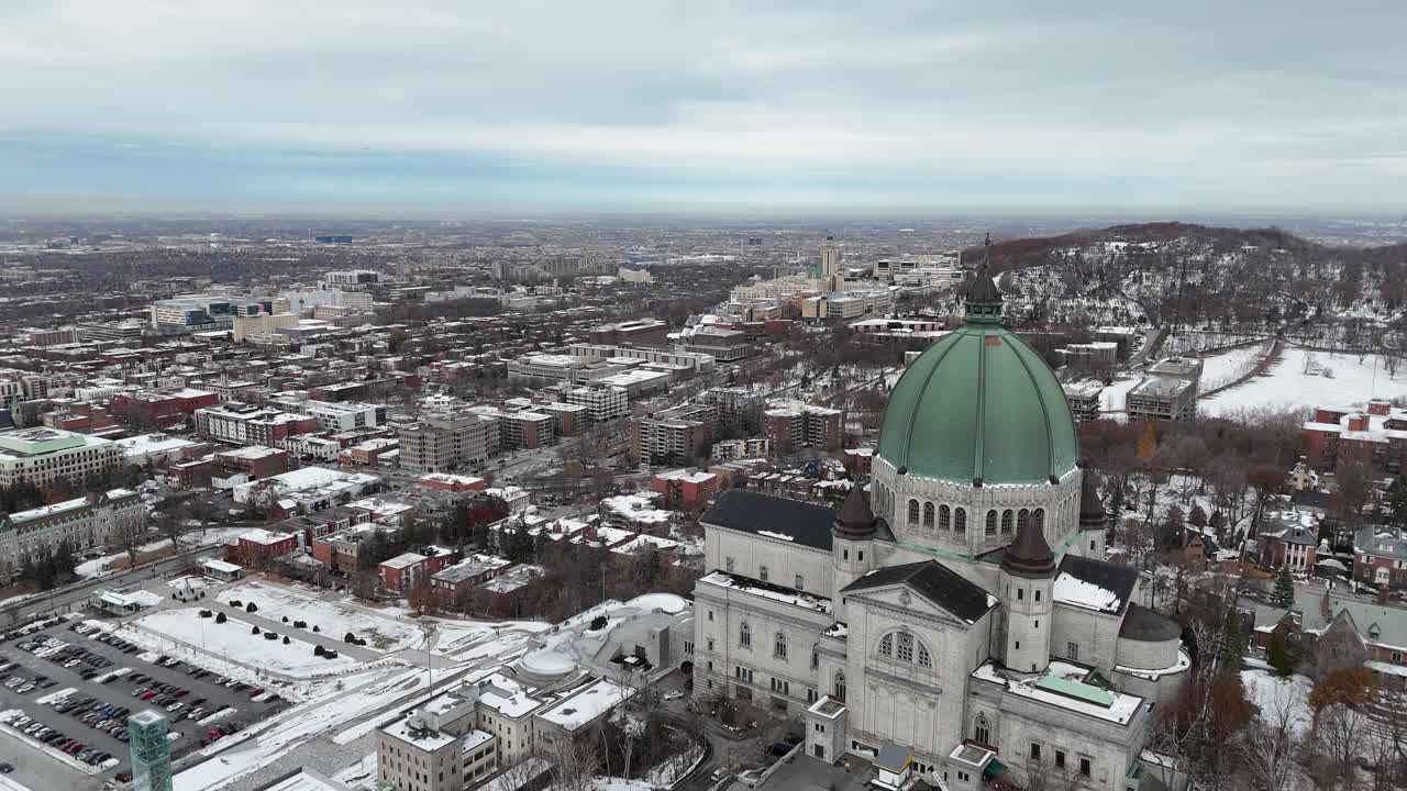 Aerial view of Montreal's snow-covered cityscape featuring Saint Joseph's Oratory and modern architecture, Canada