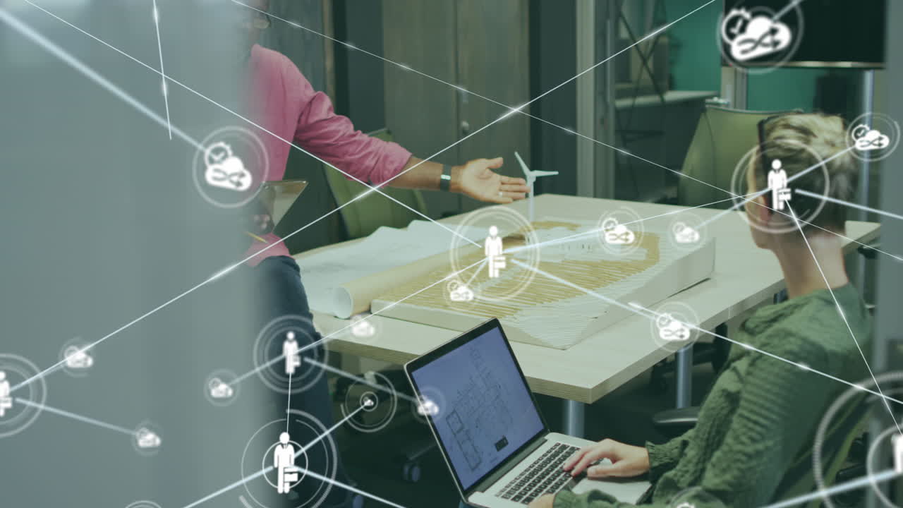 사무실에서 다양한 사업가들과의 아이콘과의 연결 네트워크의 애니메이션