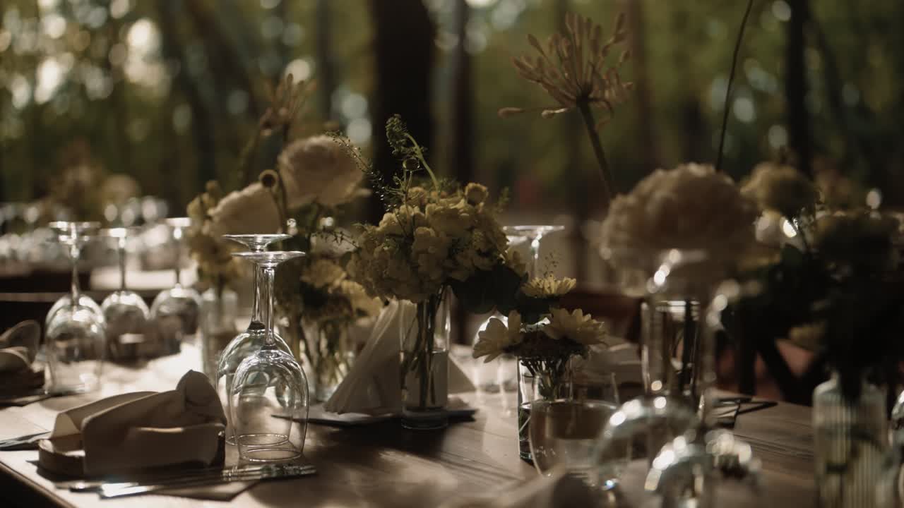 A beautifully arranged outdoor table decorated with elegant glassware and white floral centerpieces, captured in warm natural light