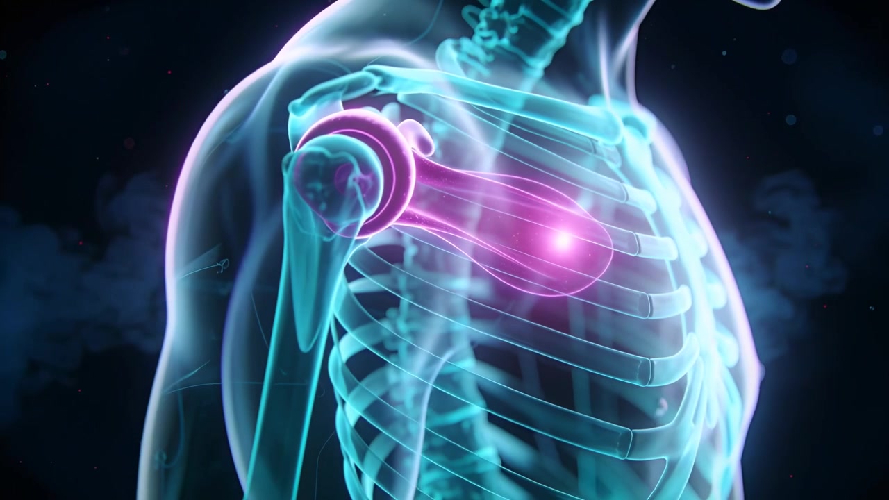 Modello in rotazione in animazione che mostra l'articolazione della spalla sinistra per studio in un vuoto scuro con un hotspot rosa.