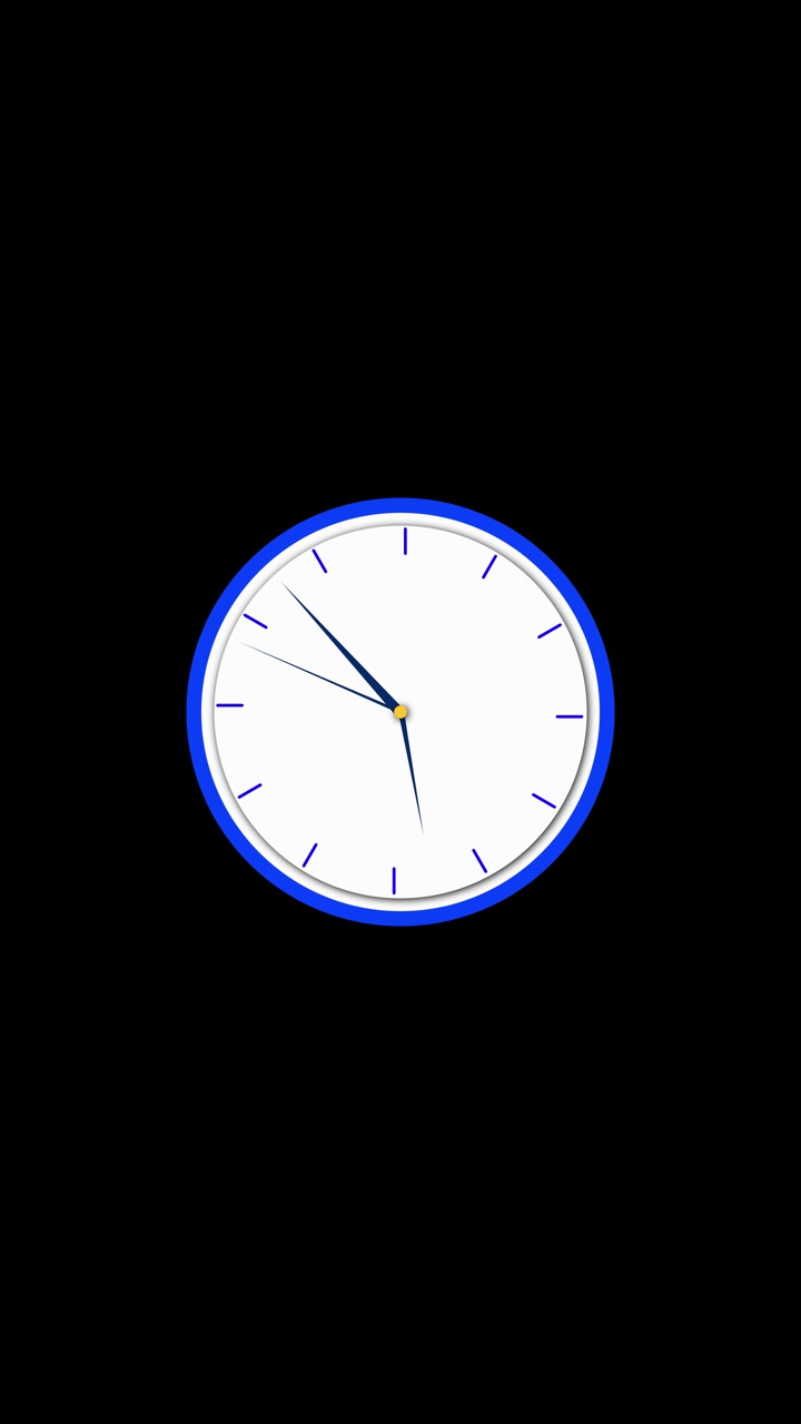 Orologio analogico minimale con sfondo nero, quadrante bianco, bordo blu, lancette semplici e ora isolata e chiara.