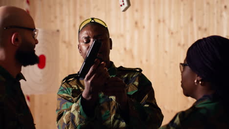 military officer instructing soldiers on how to load ammunition into pistol