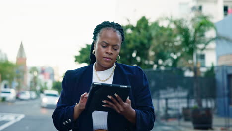 Professional,-woman-and-walking-with-tablet