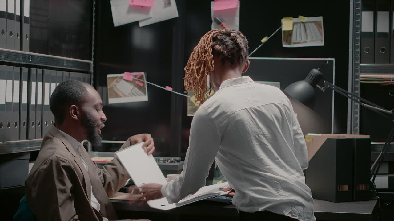 Detectives investigating crime scene in office