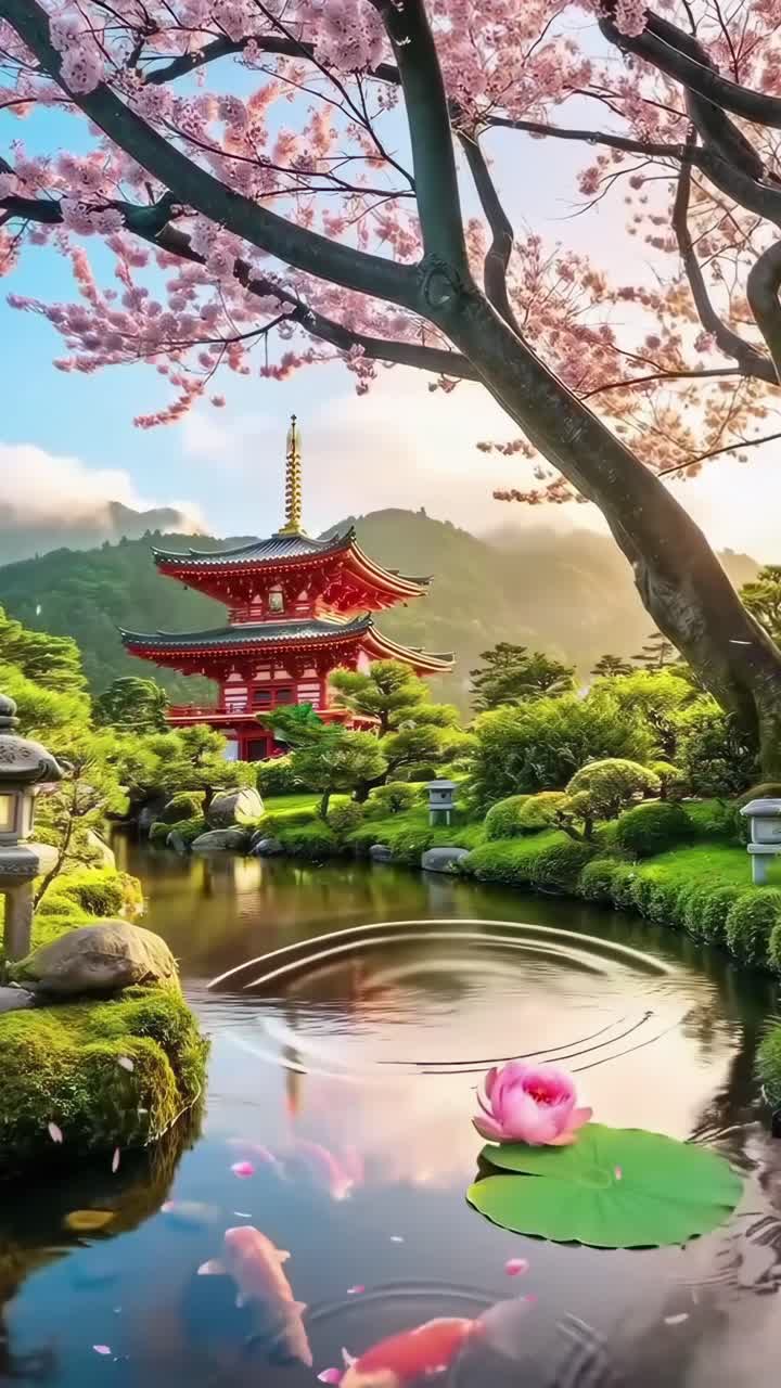 Sereno giardino giapponese con stagno di carpe koi e pagoda, ripreso da un'angolazione bassa.