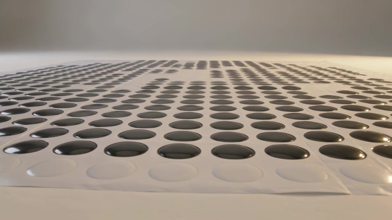 Spingere leggermente un foglio blister rettangolare che sposta la visuale su un tavolo bianco, alterando i riflessi dei dischi lucidi