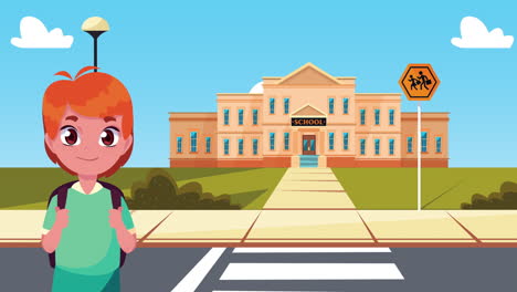 back to school animation with schoolboy and building