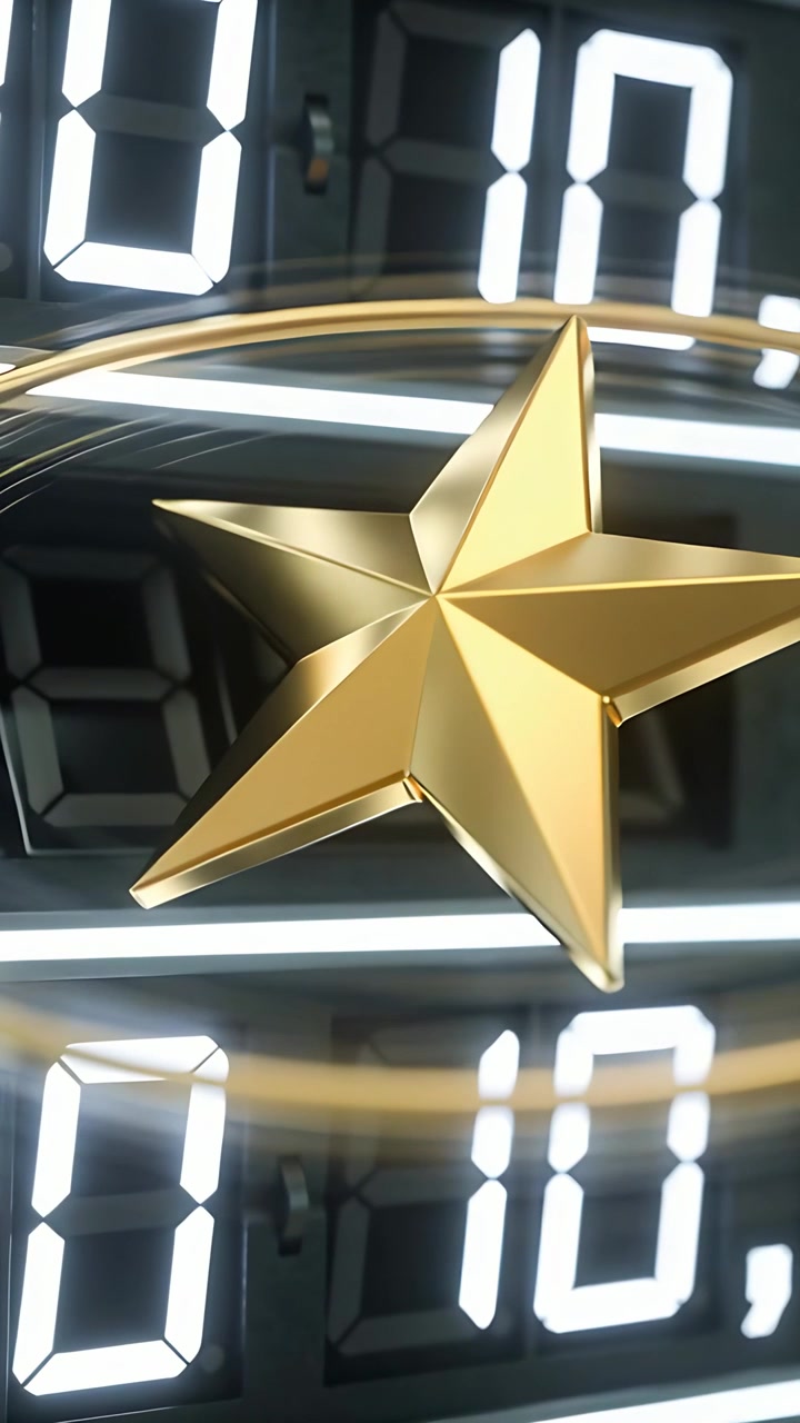 Video verticale: Stella d'oro che si avvia con un motore, ruotando e inclinando in studio, con anello e numeri LED